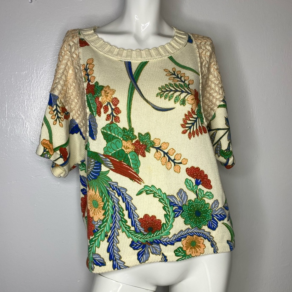 Anthropologie Cream Floral Knit Top with Multicolor Embroidered Motif